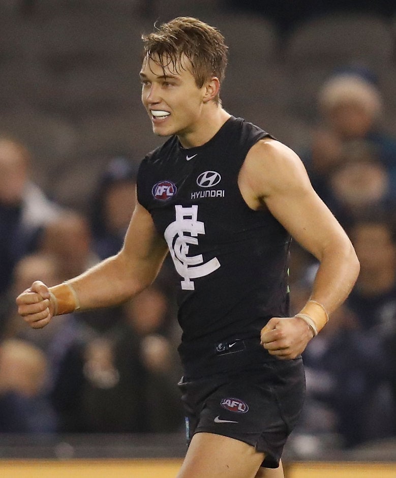 AFL 2016 Rd 11 - Carlton v Brisbane MELBOURNE, AUSTRALIA - JUNE 04: Patrick Cripps of the Blues celebrates a goal during the 2016 AFL Round 11 match between the Carlton Blues and the Brisbane Lions at Etihad Stadium on June 4, 2016 in Melbourne, Australia. (Photo by Michael Willson/AFL Media)